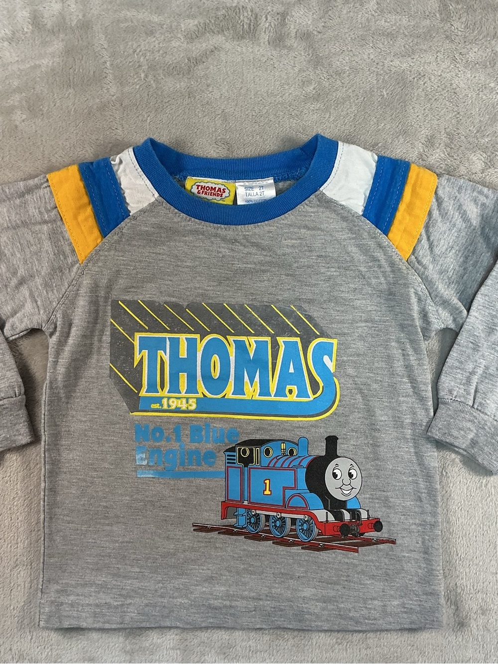 Thomas & Friends Gray Long Sleeve Tee with Blue & Yellow Engine Graphic